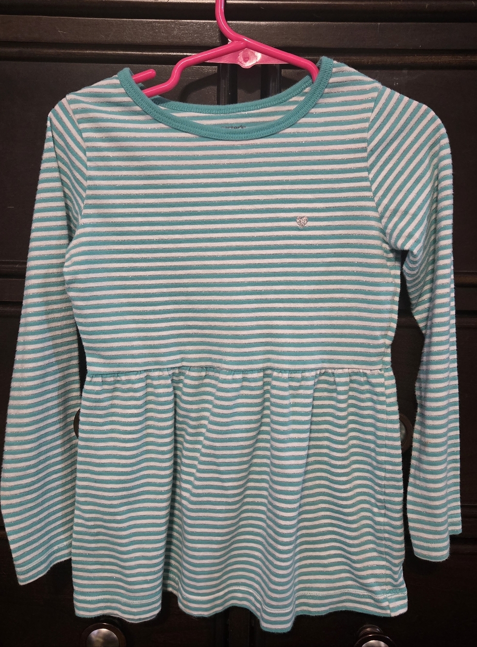 Carters Size 5 Girls' Teal and White Striped Long-Sleeve Peplum Top